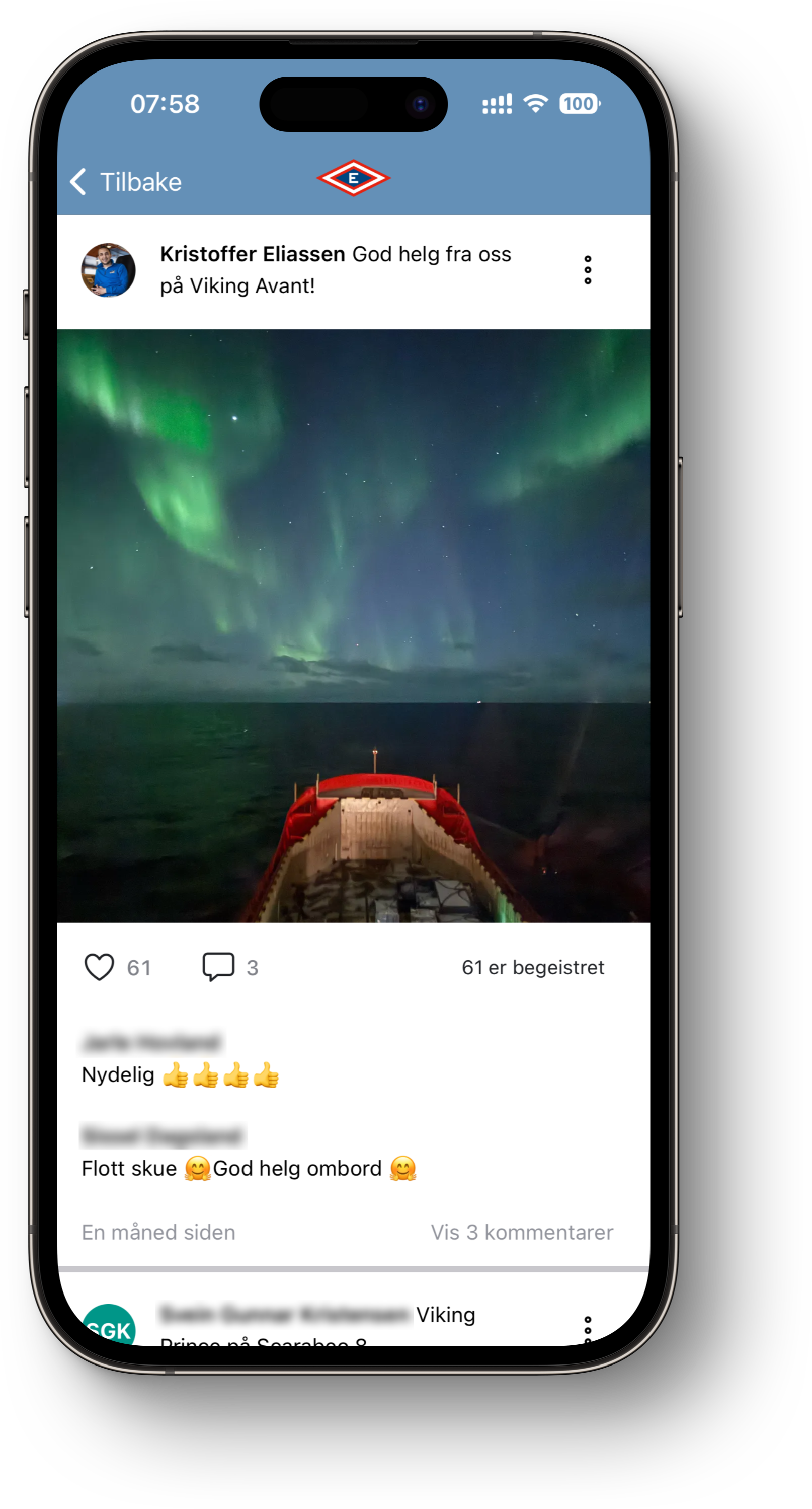 Innlegg i den åpne veggen fra mannskap på Viking Avant