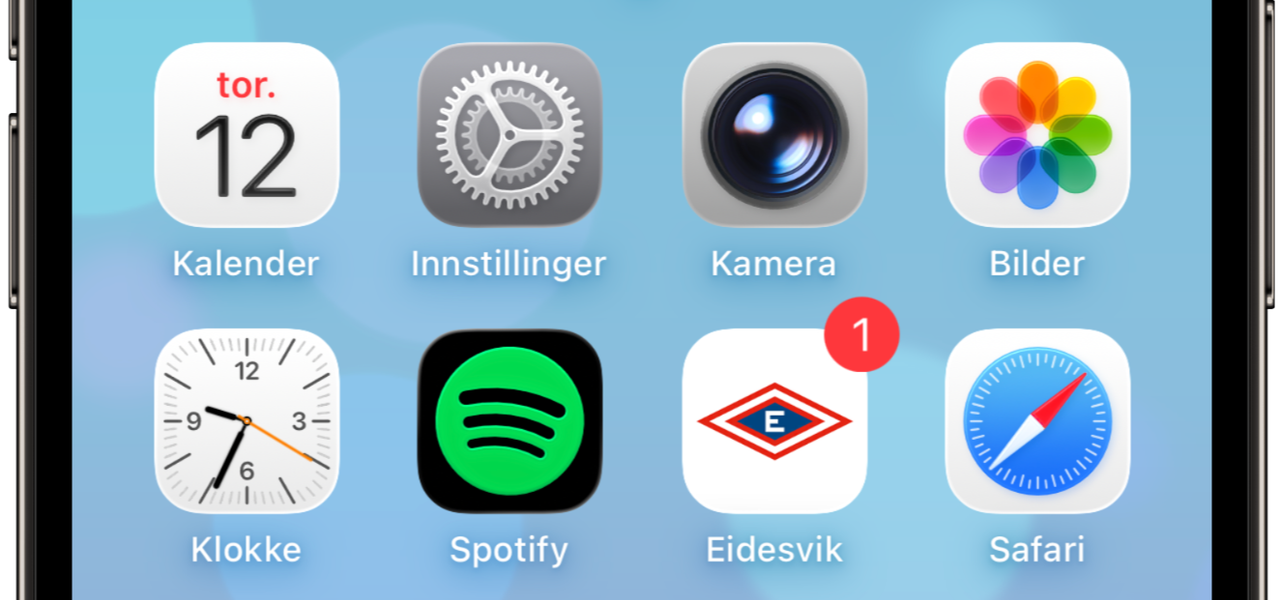 Eidesvik-appen på iOS hjemskjerm blant Apple sine standard-apper