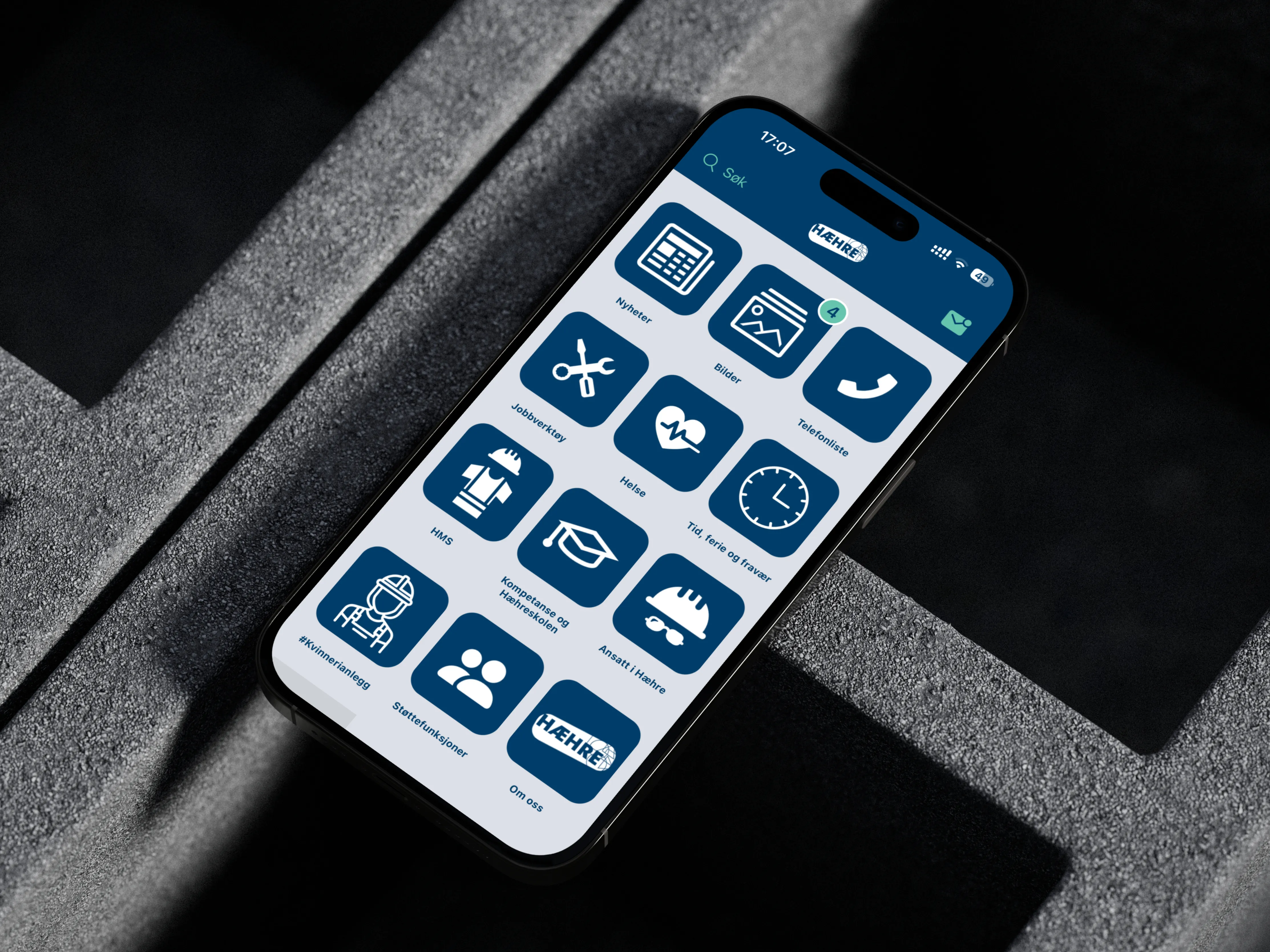 Skjermbilde fra Hæhres Infohub: Appens hovedmeny