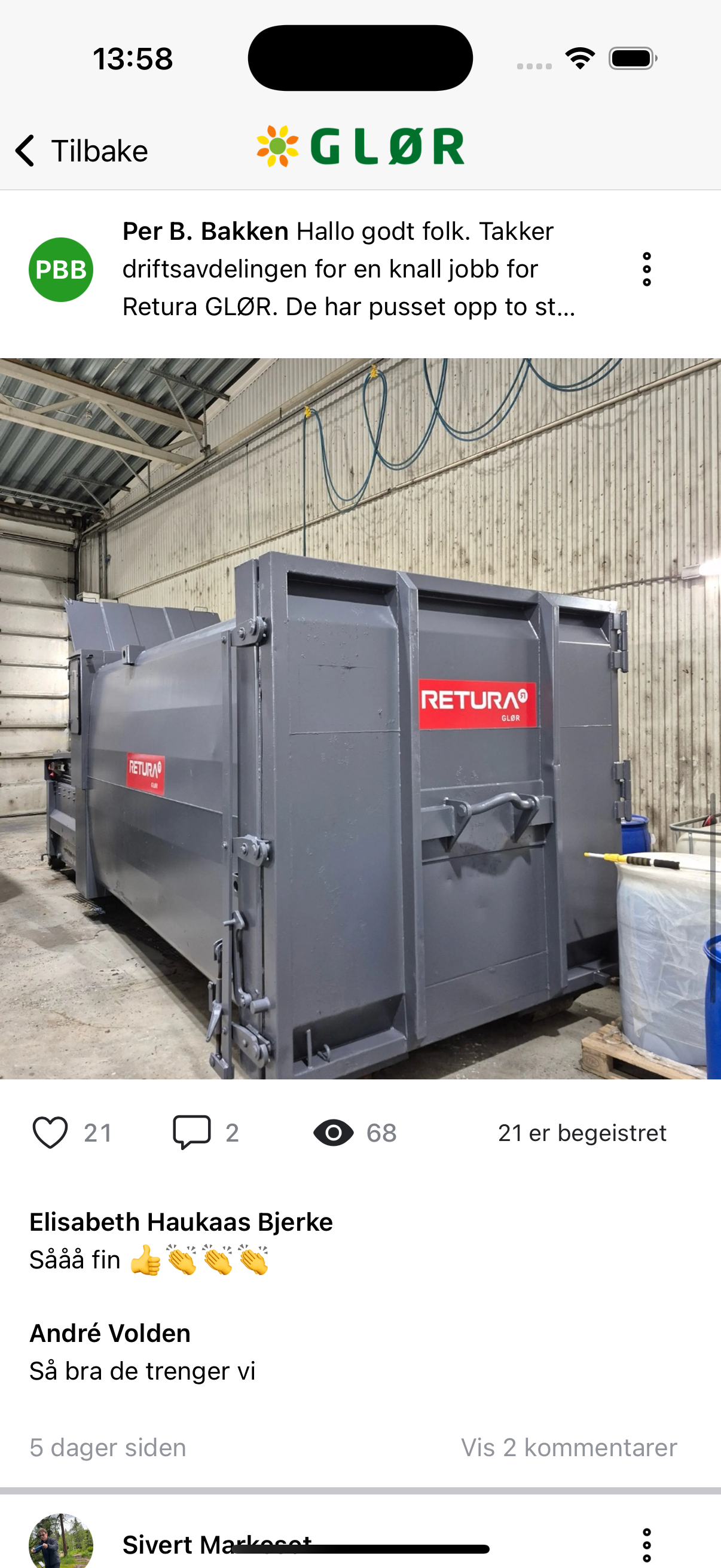 Engasjement i GLØRs Infohub-app med likes og kommentarer